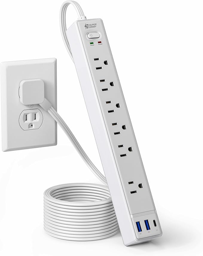 SUPERDANNY 6Ft Thin Extension Cord, Flat Plug Surge Protector Power Strip | by SUPERDANNY