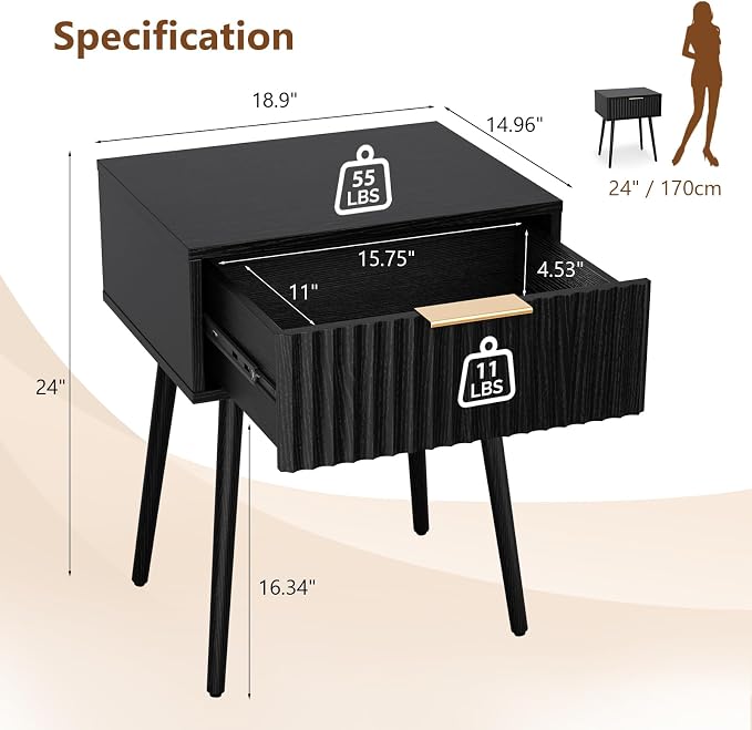 VINGLI Fluted Nightstand with Drawer, Bedside Table, End Tables Bedroom - Image 2