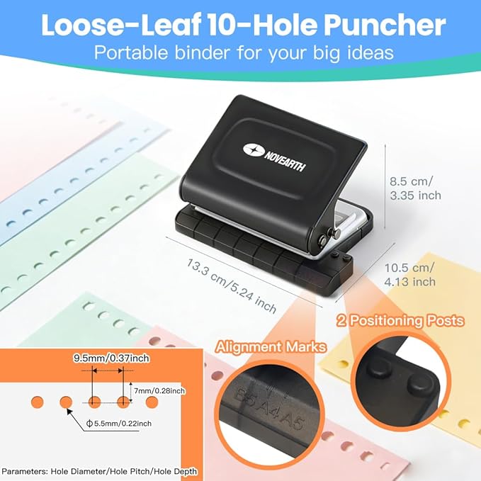 10-Hole Binding Machine for Planners,Metal Punch Loose Leaf Tool 26 Holes for B5, 30 for A4, 20 for A5 Paper,Handheld Manual Book Binder,Notebook Puncher for Home, Office, School, DIY Projects