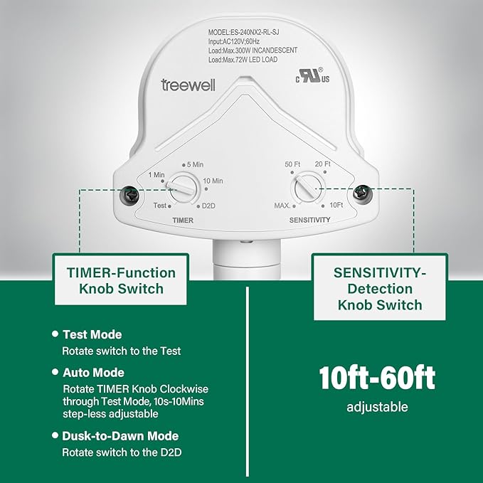 TREEWELL 240-Degree Replacement Motion Detector, Adjustable Time & Detection Sensitivity Up to 60 Feet Range, 3 Working Modes Pir Motion Sensor for Security Floodlight, White, UL Listed