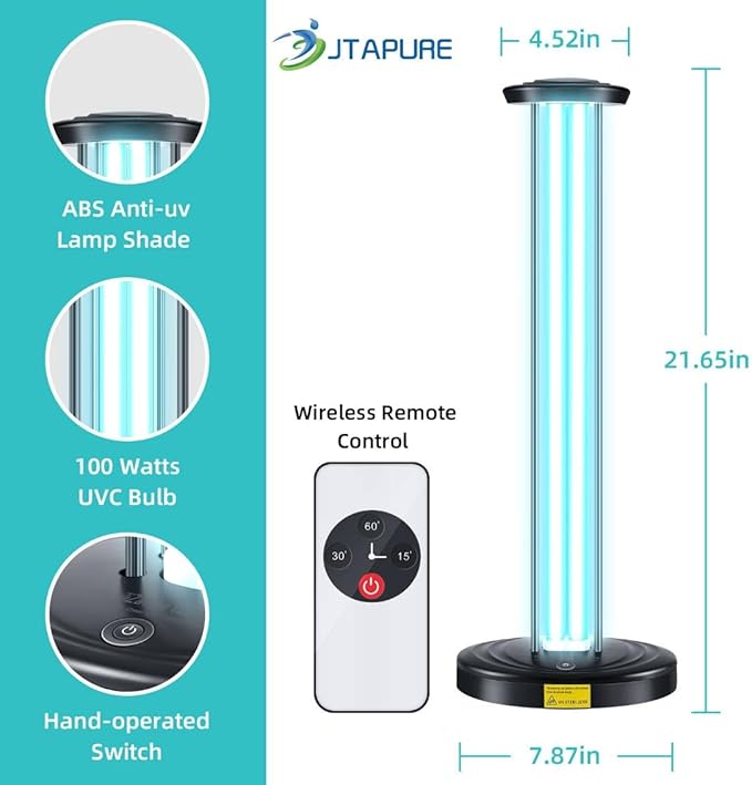 JTAPURE 100W UV Light with Ozone, 3-Gear Timer & Remote Control, Home Purification Device, Dust Mite & Mold Eliminator, Bed Bug Remover for Bathroom, Bedroom, Basement