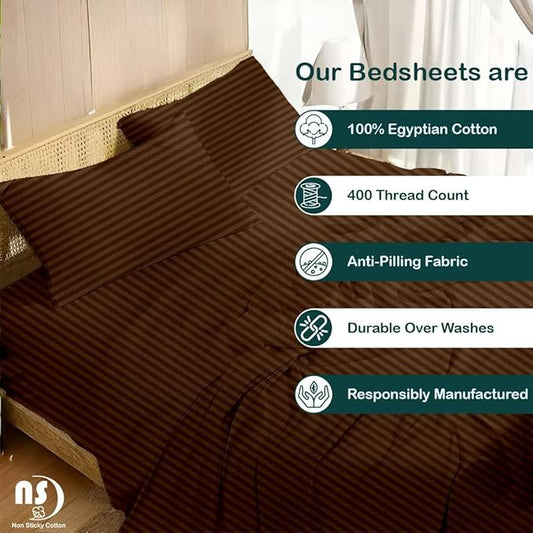 NON Sticky cotton Queen Size Sleeper Sofa Sheets, 4 Piece Egyptian Cotton Bed Sheet Set for Sofa Bed, 6" Deep Pocket Fitted Sheet for Pull Out Couch Mattress, 60" x 75", Chocolate Stripe