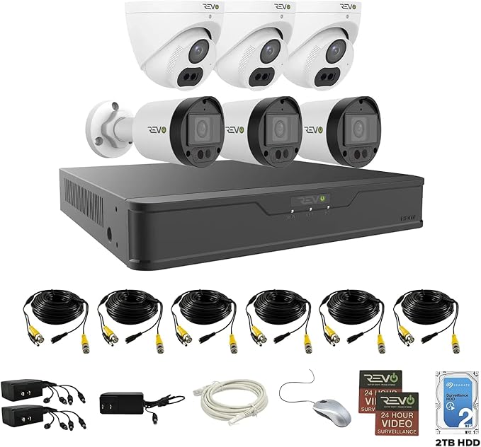 Revo Hybrid 8CH 4K Security System, 2TB Video Surveillance Grade HDD, 6X 4K Indoor/Outdoor IR Cameras with Built-in Microphone, Remote Viewing via Smartphone, PC and MAC (no Monthly fees)