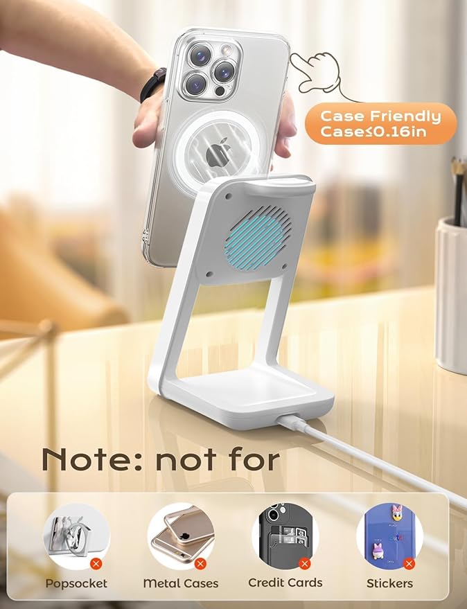 Apor 3 in 1 Charging Station for iPhone, Magsafe Wireless Charger with Cooling Fan for iPhone 17 16e 16 15 14 13 12 Series & Apple Watch Charger, Wireless Charging Station for AirPods 4/3/Pro (White)
