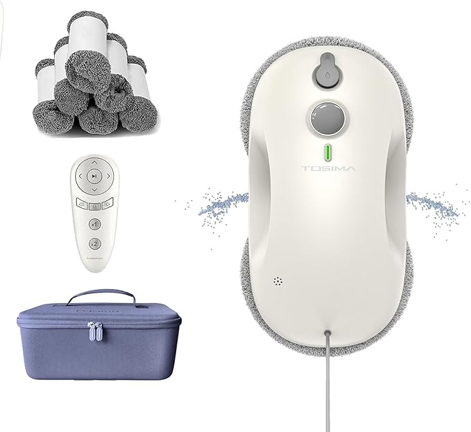 Tosima W3 Window Cleaning Robot - Dual Direction Auto-Spray Smart Window Cleaner with Triple Safety System, Smart Navigation, Remote Control, for All Smooth Surfaces, with 12 Rags, White
