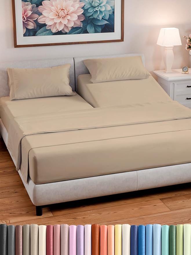 Split Head King Sheet Set – 4 Piece Flex Split Top King Sheets for Adjustable Beds - Fits 14” to 16" Mattress w/ Deep Pockets - Ultra-Soft, Breathable & Cooling - Luxury Bedding & Wrinkle Free - Cream