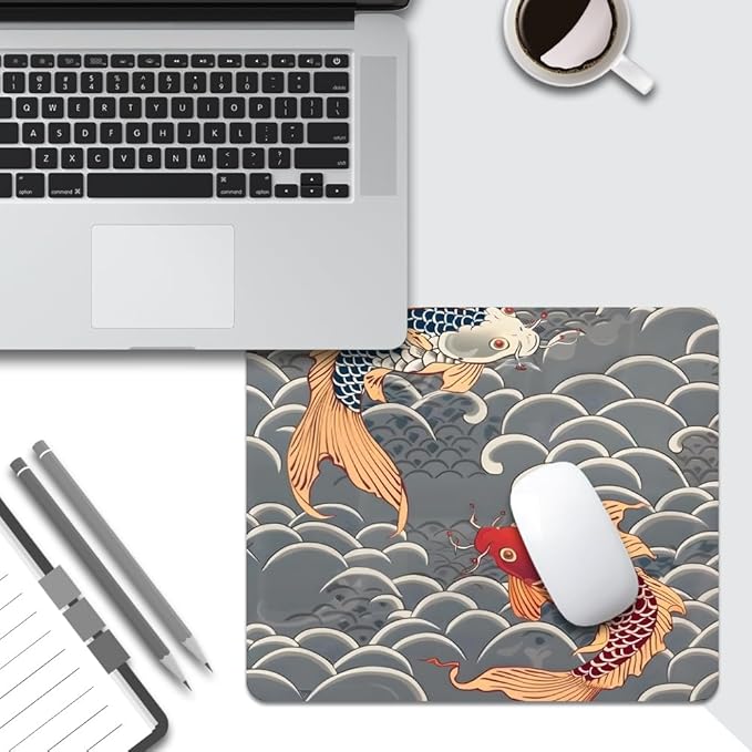 Koi Fish Japanese Tattoo Square Mouse pad, Texture, Waterproof, Anti Slip Rubber Base, Computer Mouse pad, Laptop Mouse pad