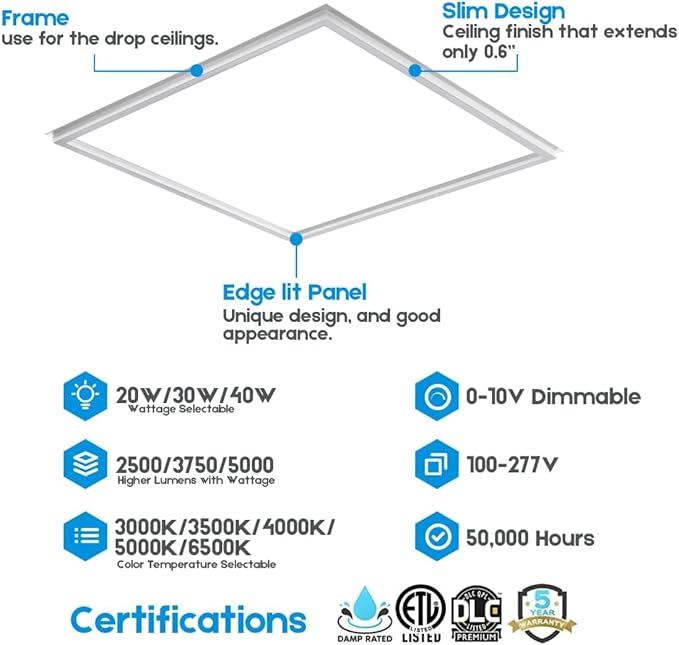 LED Energy Plus 2x2 FT Edge-Lit Frame LED Panel Lights,5CCT Selectable 3000K-6500K, 2600/3900/5200LM,20W/30W/40W Switch, Grid Drop Ceiling Lights,0-10V Dimmable,Damp Rated,100-277V,ETL Listed (6 Pack)