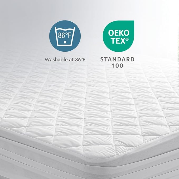 YATAS BEDDING Perle Quilted Fitted Mattress Protector, Machine Washable and Easy Care, Superior Protection and Comfort,100% Cotton Breathable top, White (Queen) - 59"x79" - 14" Deep Pocket