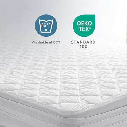 YATAS BEDDING Perle Quilted Fitted Mattress Protector, Machine Washable and Easy Care, Superior Protection and Comfort,100% Cotton Breathable top, White (Queen) - 59"x79" - 14" Deep Pocket