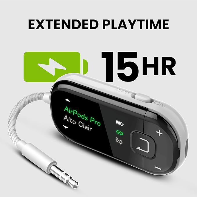 Avantree Voyager – OLED Display & Latest Auracast Bluetooth 5.4 Adapter for Airplane, Qualcomm Chip & aptX Adaptive, Wireless Audio Transmitter for Headphones, AirPods, Travel & Flight