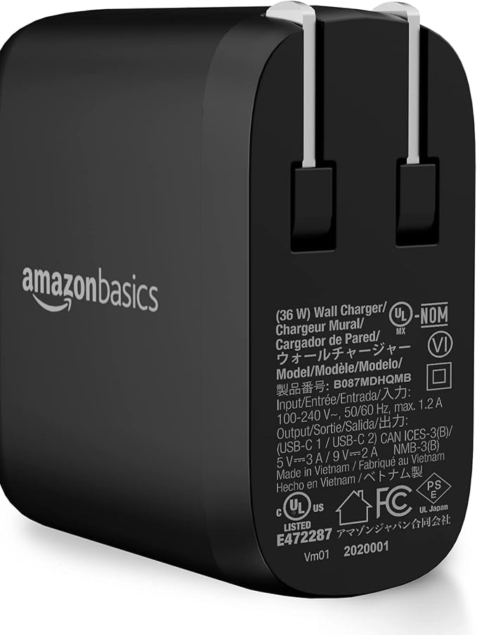 Amazon Basics 36W Two-Port USB-C Wall Charger (18W per Port) with Power Delivery PD for Tablets & Phones (iPhone 15/14/13/12/11/X, iPad, Samsung, and More), Non-PPS, 2.34 x 2.21 x 1.09 inches, Black