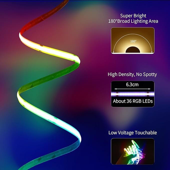 BUNACET 40ft COB RGB+IC LED Strip Lights, Bright Dream Color COB LED Light Strip with RF Remote App Control Music Sync Color Changing for Game Room Bedroom Kitchen Lighting Home Decor（2 Rolls）