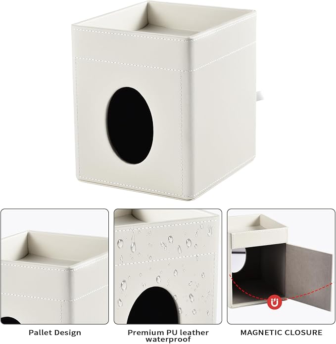 Tissue Box Cover with Storage Tray Square Tissue Box Holder PU Leather Facial - Image 8