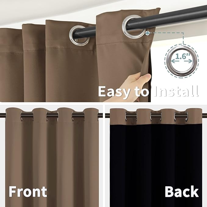 BGment Total Thermal Insulated 100% Blackout Curtains for Bedroom with Black Liner, Double Layer Full Room Darkening Noise Reducing Grommet Curtain (52 x 63 Inch, Taupe, 2 Panels)