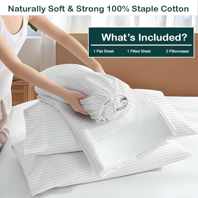 NON Sticky cotton Full Size Sleeper Sofa Sheets, 4 Piece Egyptian Cotton Bed Sheet Set for Sofa Bed, 8" Deep Pocket for Pull Out Couch Mattress, 54" x 75", White Stripe, Soft & Breathable