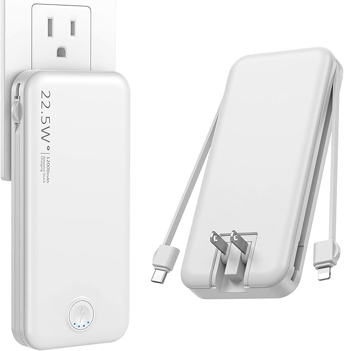 Nusyddy Portable Charger, 12000mAh 22.5W Fast Charging Power Bank with Built-in Cables & Wall Plug, Travel Essentials External Battery Pack, USB C Battery Phone Charger for iPhone, iPad, Samsung White