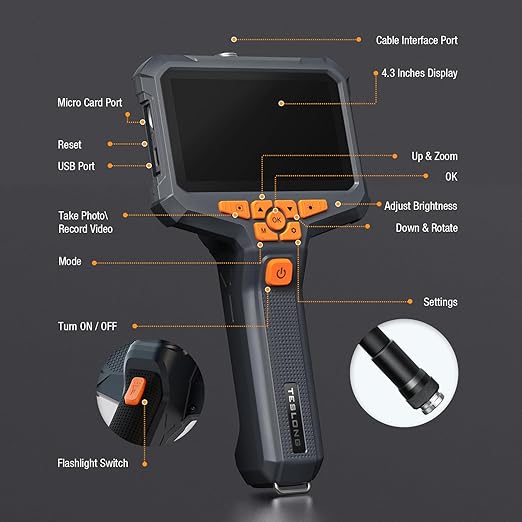 Dual Lens Endoscope Camera with Light, Teslong 4.3" HD Snake Borescope Inspection Camera, Automotive Scope Cam with Flexible Cable, Home Waterproof Fiber Optic for Sewer Drain Pipe (3.3FT)