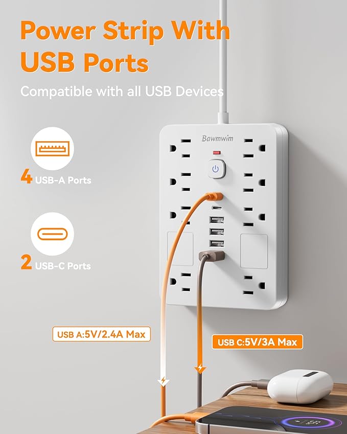 Bawmwim Surge Protector Power Strip - 8 Outlets(1850W/15A) with 6 USB Ports（2 USB C, 10FT Flat Plug Extension Cord, Wall Mount Multi Plug Outlet Extender, ETL Listed for Home, Dorm Room, White