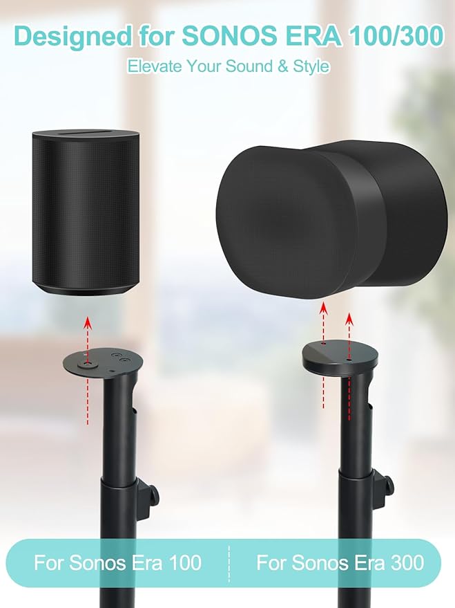 Haturi Speaker Stands Pair for Sonos ERA 100 & 300 Adjustable 22”–42” Floor Stands with Cable Management Heavy Duty Metal Construction Non Slip Base for Living Room Bedroom Office