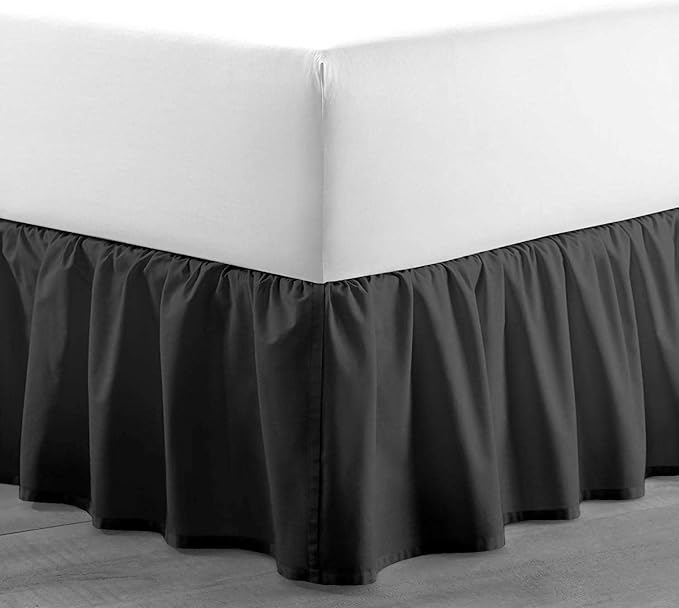 Dark Grey Solid Ruffled Bed Skirt Cal-King-8 Inch Drop Split Corner, Microfiber Bedskirt with Platform Three Sided Coverage