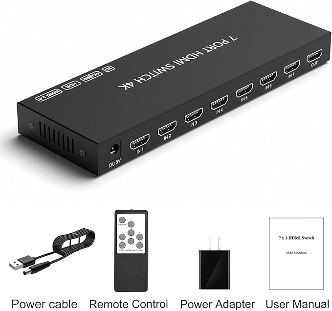 RuiPuo 7Port HDMI Switcher 4K@60Hz 5In 1Out HDMI Selector with IR Remote Supports Full HD 4K/1080P/3D & HDCP2.2 for Switch,Xbox,PS4/PS5,Fire Stick,Roku,Apple TV etc.