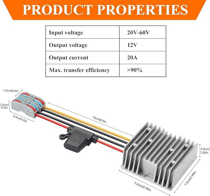 DC 24V to 12V Regulated Converter 20A 240W Step-Down Converter (Input: 20V-60V) 12V to 24V DC Power Converter with Fuse Waterproof Module Suitable for Golf Carts, RVs, Electric Motors, etc.