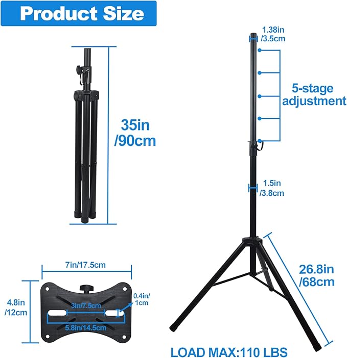 Howonder Speakers Stands,6 Packs,PA Speaker Stand,Speaker Tripod Stand,Adjustable Height from 40 to 66 Inches,Hold up to 110lbs,Black