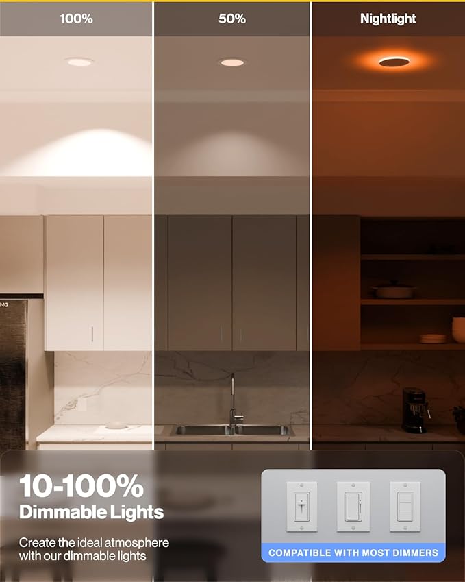 Sunco 6 Inch LED Recessed Light with Night Light, Canless Recessed Lighting, 1500 LM, 15W (150W Equivalent), Selectable CCT 2700K/3000K/4000K/5000K/6000K, Dimmable, with Junction Box 4 Pack.