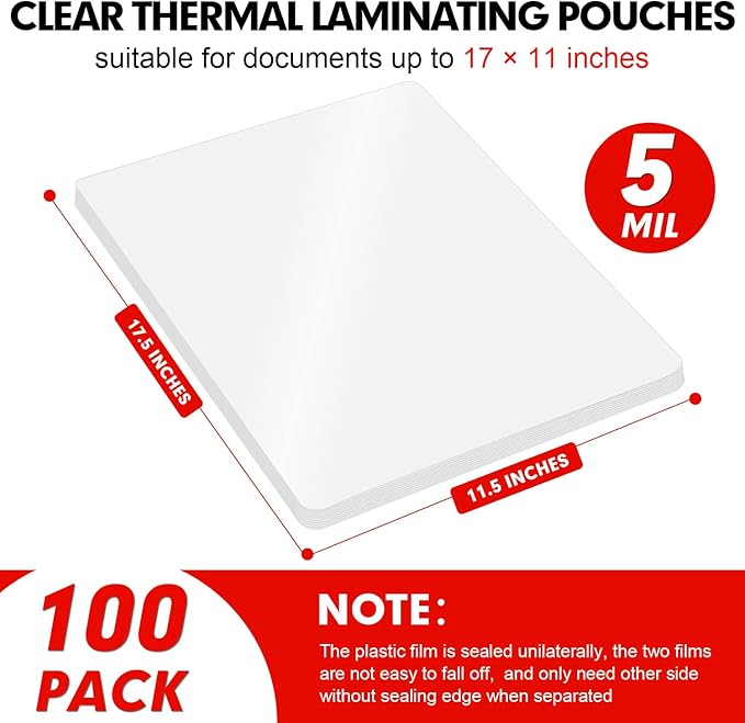 RAZCC Laminating Sheets, 100 Pack Clear Thermal Laminating Plastic Paper Laminator Sheets, 11 x 17-Inch, 5mil, Ideal Office or School Supplies