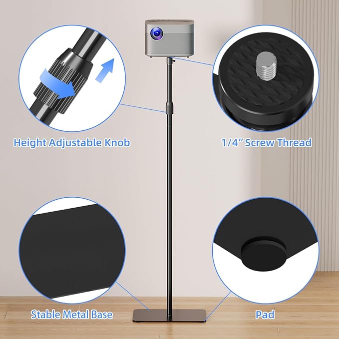 suptek Exdentable 63.9" Projector Stand 360°Swivel, Height Adjustable 53.7-63.9inch, Mini Projector Mount Bracket, Compatible with Home Office Video Vlog DVR Camera, PR001FL