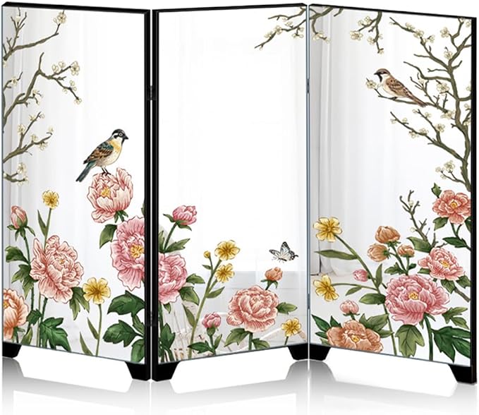 Mini Folding Screen, 3 Panel Divider, Chinese Style Vintage Desktop Mirror by KABAKE