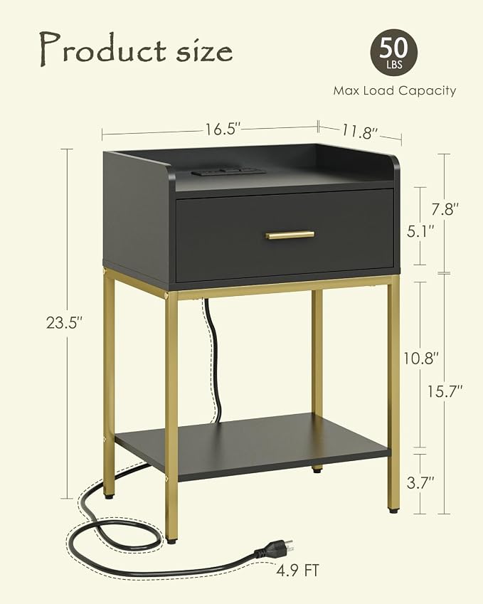 Nightstand with Charging Station, 3-Tier Bedside Table - Image 2