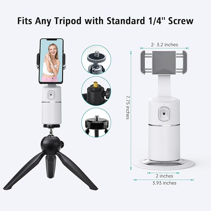 camrola Auto Face Tracking Phone Holder, No App Required, 360° Rotation Face Body Phone Tracking Tripod Smart Shooting Camera Mount for Live Vlog Streaming Video, Rechargeable Battery-White