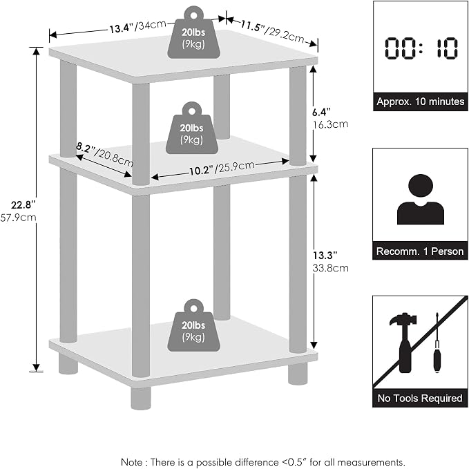 Furinno Just 3-Tier Turn-N-Tube Open Storage Nightstand, Plastic Poles - Image 2