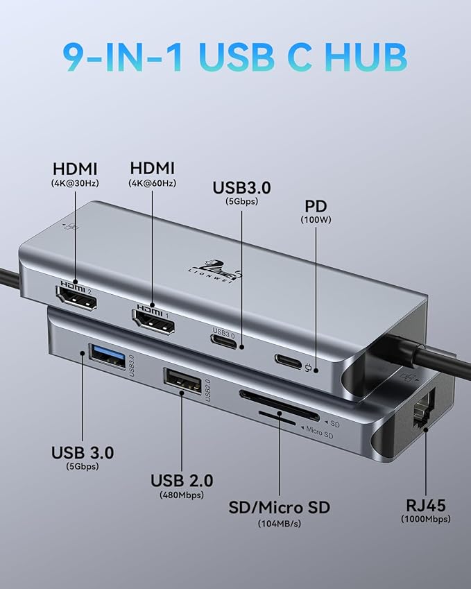 LIONWEI 9 in 1 Laptop Docking Station, Dual HDMI, 100W PD, USB C 3.0, Ethernet, Audio/Mic, USB C Hub for Dell/Surface/HP/Lenovo Laptops