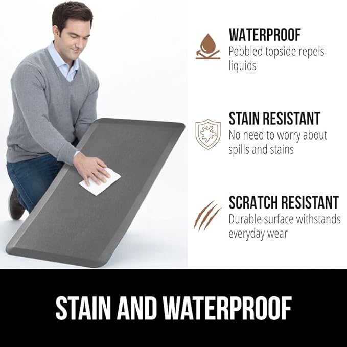 GORILLA GRIP Comfortable Cushioned Kitchen Mats for Floor, Waterproof and Stain Resistant Soft Top, 3/4 Inch Thick Ergonomic Standing Desk Anti Fatigue Mat, Foam Supports Ankles and Feet, 17x24, Grey