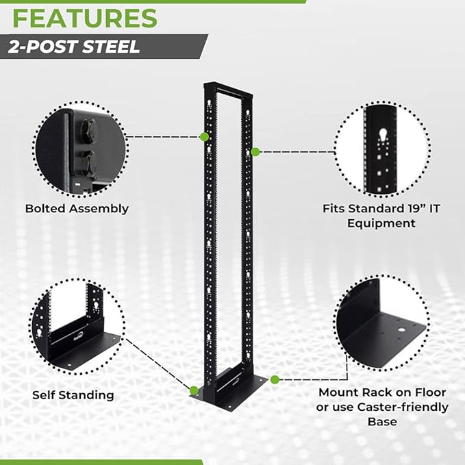 NavePoint 45U 2 Post Open Frame Server Rack for 19 Inch Equipment, AV, Networking, Data & IT Devices, 2-Post Rack 45U 881lbs Weight Capacity, Black