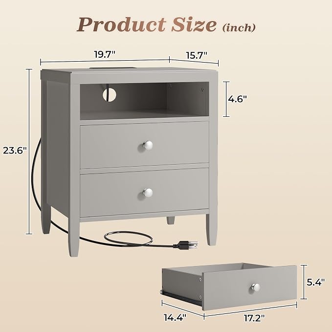 Huuger Grey Nightstand Set of 2, Night Stand - Image 2