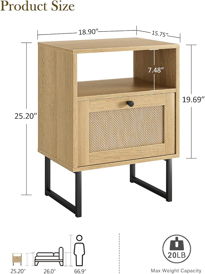 Masupu Extra Large Rattan Nightstand, Modern Boho Farmhouse Wood Bedside Table - Image 2