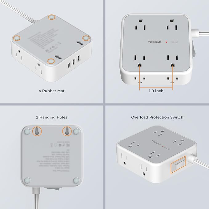 Surge Protector Power Strip, TESSAN 5 FT Flat Extension Cord with 8 AC Outlets 3 USB Ports (1 USB C), 900 Joules Protection, 3-Sided Wall Plug Extender, Desk Charging Station for Office, Dorm