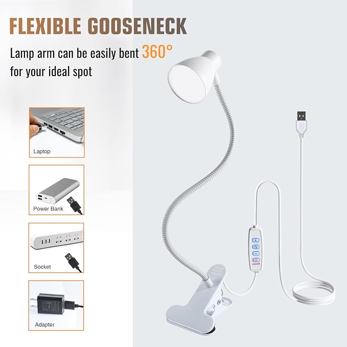 Clamp Desk Lamp, Clip on Reading Light, 3000K-6500K Adjustable Color Temperature - Image 5