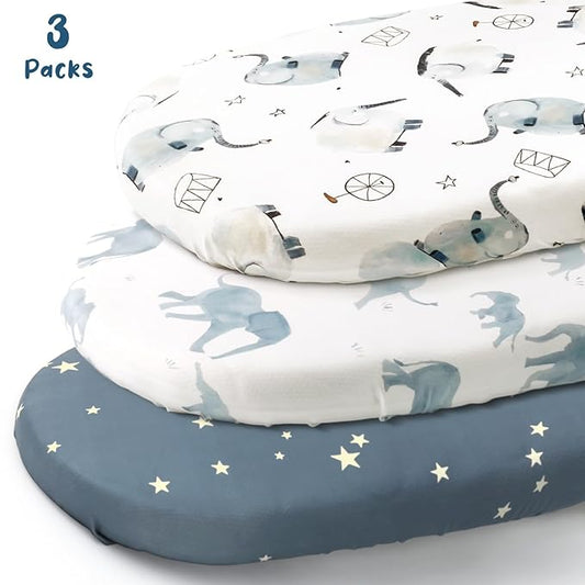 Stretchy Ultra Soft Fitted Bassinet Sheets Set 3 Pack, Universal Fit for Bassinets Baby Cradle Moses Basket Oval Rectangle Mattress Safe and Snug, Stylish Bassinet Sheet of Elephant Print