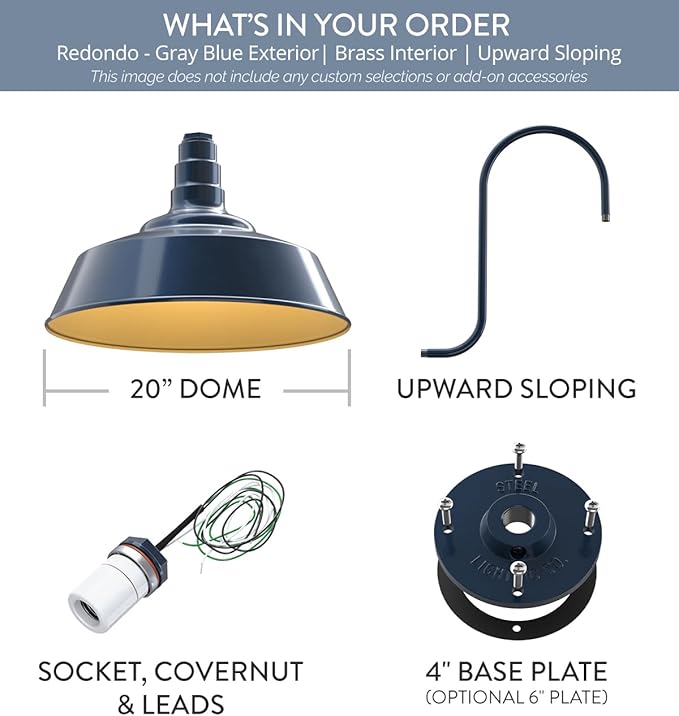 Steel Lighting Co. Large Outdoor Barn Light | Gooseneck Light Fixture | Made in America from 18-Gauge Steel | 20" Dome | Upward Sloping Gooseneck Gray Blue Exterior/Brass Interior