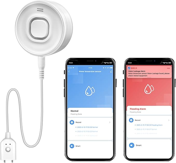 WiFi Water Leak Detectors for Home, Real-Time Mobile Alerts Smart Water Sensor Alarm (with Wire & Batteries)