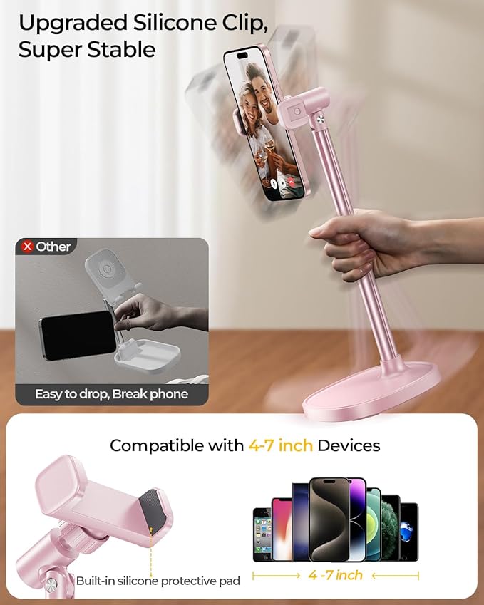 DIMONCOAT Cell Phone Stand for Desk, Stocking Stuffers Gifts for Teens Girls Boys Adults，Phone Holder Angle Height Adjustable, Aluminum Alloy Universal iPhone Stand for iPhone 17 16 15 Pro Max -Pink