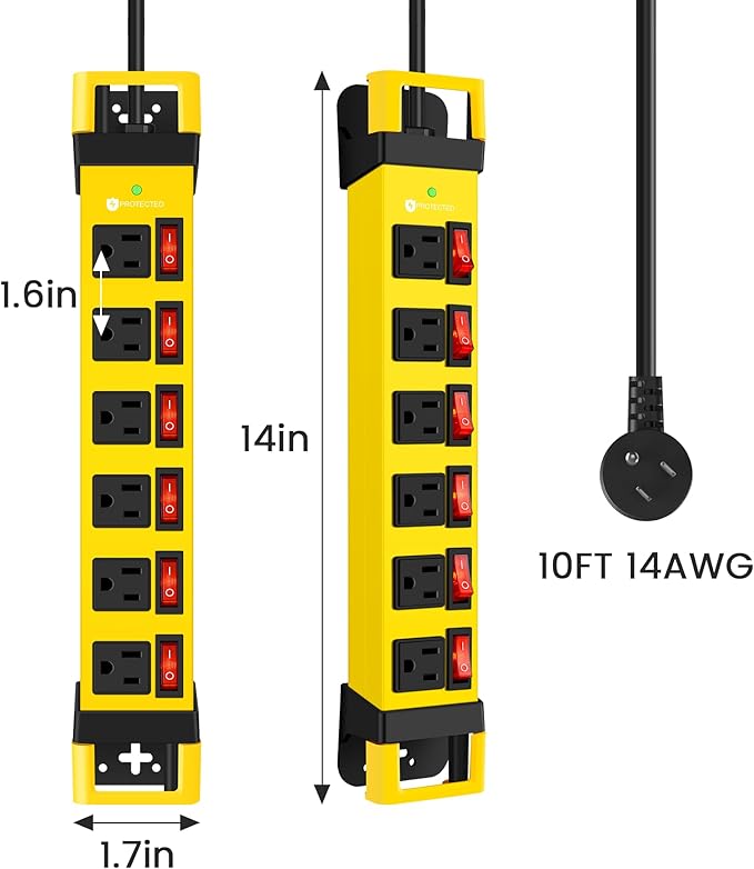 Heavy Duty Power Strip,6 Outlets Metal Power Strip with Individual Switch & Cord Management,Mountable Surge Protector 1200J,10FT Extension Cord(Yellow,10 FT)