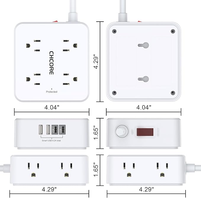 10Ft Surge Protector Power Strip - CHCORE Flat Plug Extension Cord with 8 Outlets and 4 USB Ports(2 USB C), 3 Side Wall Mount Outlet Extender for Home Dorm Room Essentials, ETL Listed, White