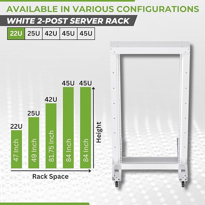 NavePoint 22U 2 Post Rack Open Frame Server Rack for 19 Inch Equipment, AV, Networking, Data & IT Devices, 2-Post Rack 22U with Wheels, 661lbs Weight Capacity, White