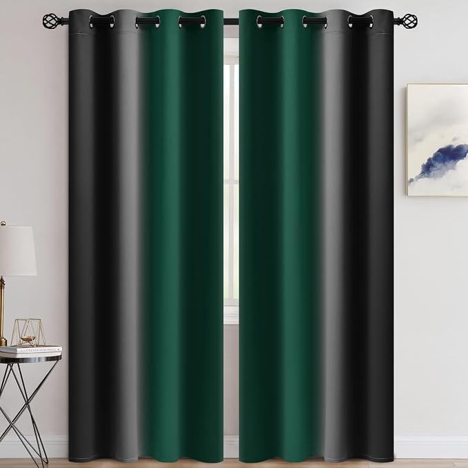 COSVIYA Grommet Ombre Dark Green and Black Curtains W52 x L84 Inch | Gradient - Image 2